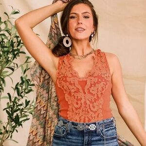 Gimmicks Crochet Trim Washed Tank Top Faded Rose New S